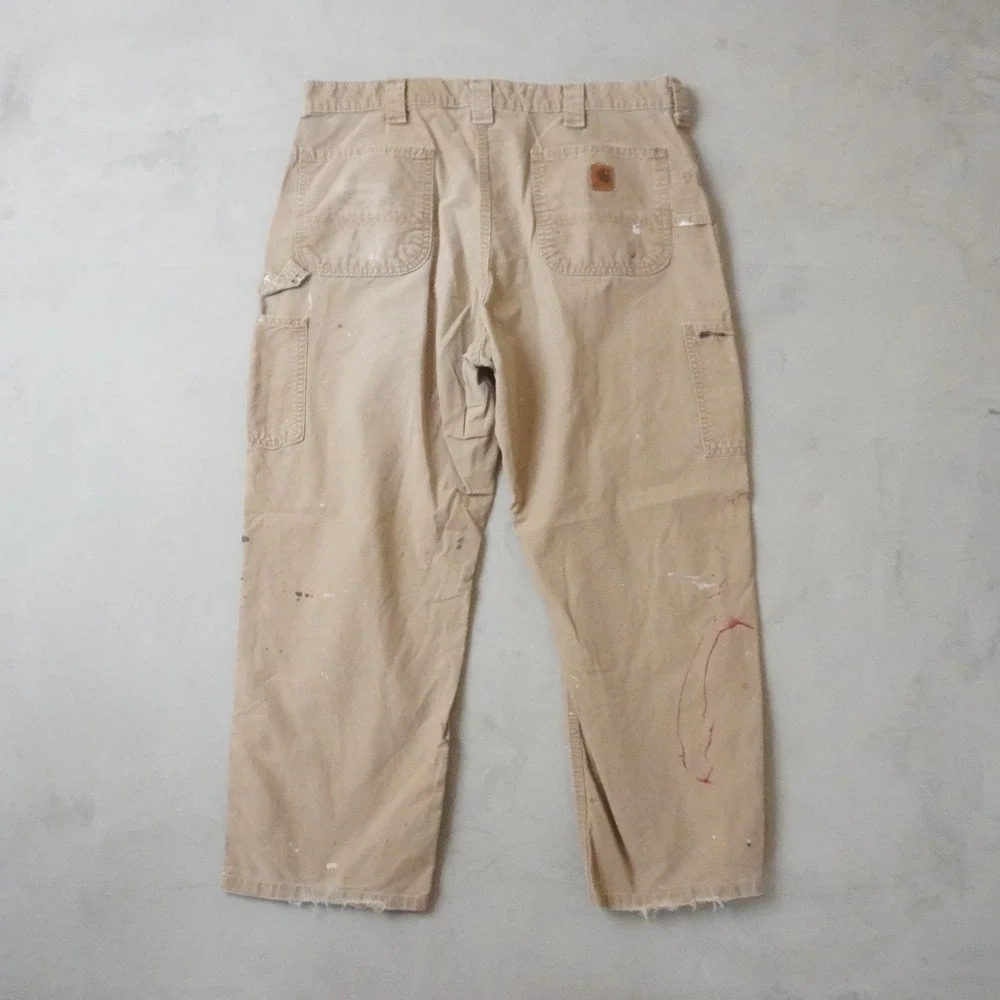 Vintage Carhartt Canvas Carpenter Pants 38x30 Mens Tan Paint Splatter